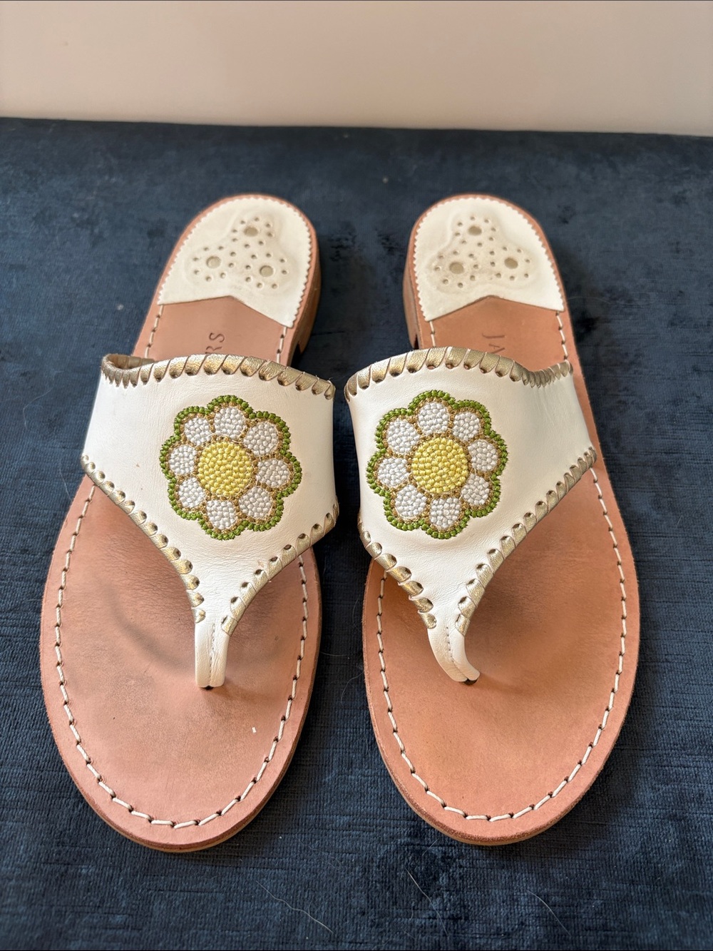 Jack Rogers White Leather Floral Thong Sandals